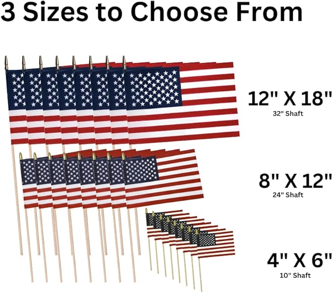 American Flags on Stick - Handheld Spearhead US Flag for 4th of July, Memorial Day Event Decorations - Patriotic Decor for Indoors & Yard - Wooden Stick, Cotton Fabric (4"X6" - 25 Pack)