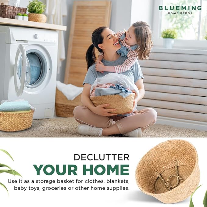 Olive Tree Basket – Small Seagrass Plant Pot for Tall Indoor Artificial Trees, Woven Planter 8-9 Inches, Wicker Baskets for Decorative Storage (Black, Medium)