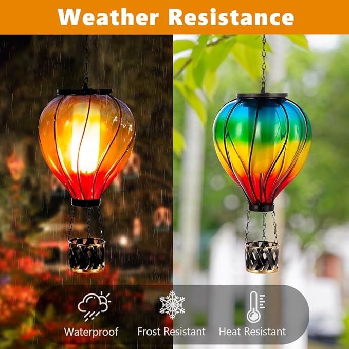 Starsoul Glass Hot Air Balloon Solar Lantern with Flickering Flame Light Colorful Solar Powered Hot Air Balloon Lamp Waterproof Hanging Solar Lantern for Garden Yard Patio Porch Decor