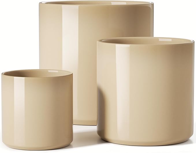 LE TAUCI Large Plant Pots Set, 10/8/6 Inch Ceramic Planters for Indoor Plants, Mid-Century Modern Planter Pots with Drainage Hole and Plug, Round Planter Pots, Set of 3, Reactive Glaze Cloud Cream