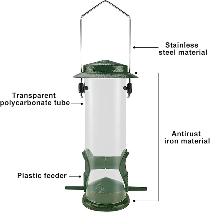 MIXXIDEA Wild Bird Feeders For Outdoors Hanging Stainless Steel Hanging Bird Feeder Tube, Finch Feeder For Garden Backyard Decoration Attractive Water Resistant Bird Feeders For Outside Green - 2 Pack