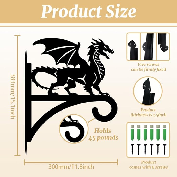 peacoblue Iron Plant Hangers Hooks for Outdoor Indoor Hanging Plants Flower Fern Pots Lantern Bird Feeder,11.8"x15.1" Weather Resistant Metal Wall Holder for Porch Garden Farmhouse(Dragon)