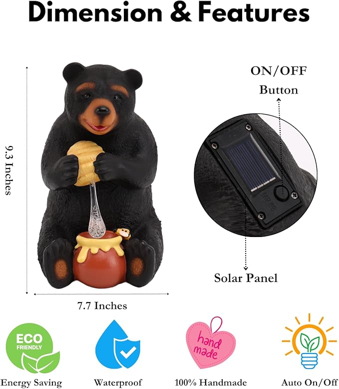 Black Bear Decor, Bear Statue, Solar Garden Statue for Outside, Solar Garden Yard Patio Decor, Outdoor Statue for Garden, Outdoor Decor for Patio, Garden Decoration, Gardening Gifts for Women