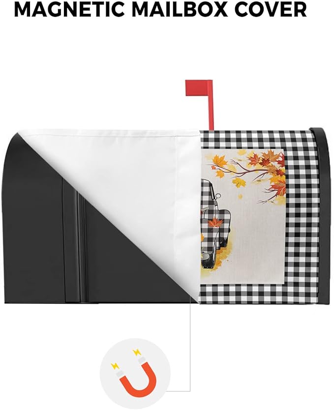 Magnetic Mailbox Cover Oversized 21"x25.5" Fall Black and White Buffalo Plaid Truck with Pumpkins Post Box Cover Mailbox Wraps Post Letter Box Cover for Holiday Garden Yard Outdoor Decor