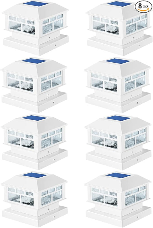 Solar Post Lights Outdoor, 20LM Fence Post Cap Lights, Waterproof, 2 Light Modes, Fit 3.5x3.5in 4x4in 5x5in Wooden Post, Solar Power Deck Lights for Garden Deck Patio Decoration(White 8Pack)