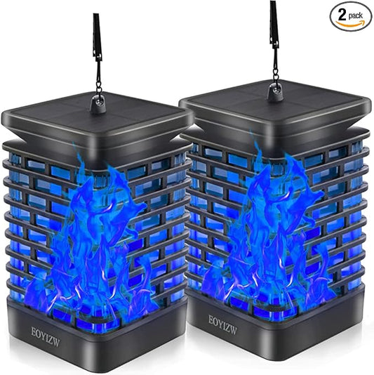 EOYIZW 99 LED Solar Lantern Flickering Flame Lights - 2 Pack Waterproof Garden Lights for Patio Yard Porch Lawn Decorations - Blue Solar Lanterns