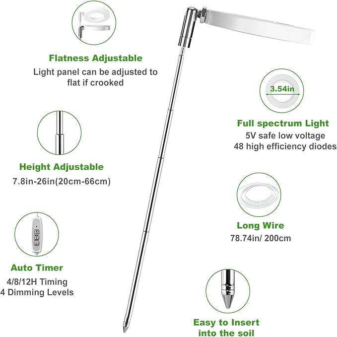 LORDEM Grow Light, Full Spectrum LED Plant Light for Indoor Plants, Height Adjustable Growing Lamp with Auto On/Off Timer 4/8/12H, 4 Dimmable Brightness, Ideal for Small Plants