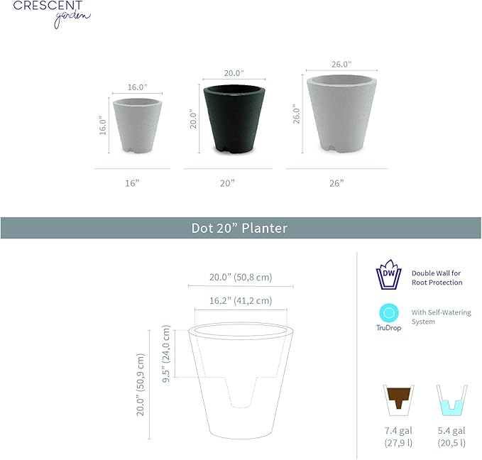 Crescent Garden Dot TruDrop Indoor/Outdoor Planter, Self-Watering Plant Pot, 20 Inches, (Slate)
