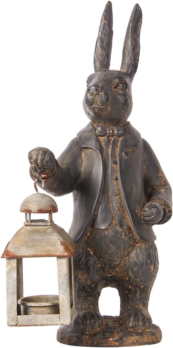 NIKKY HOME Easter Bunny Decorations, Vintage Resin Bunny Figurine with Lantern, Metal Rabbit Tealight Candle Lantern Holder Rabbit Outdoor Statues Gift for Garden Home