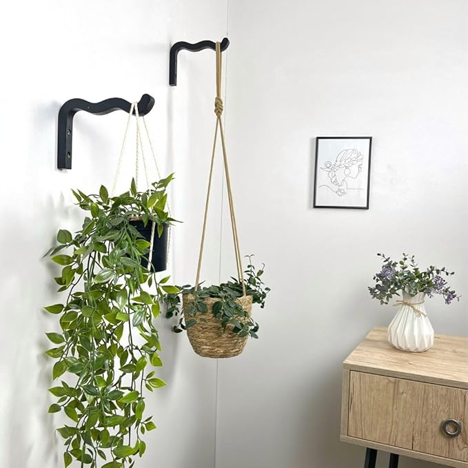 2-Piece Set of Wavy Wooden Wall Planters for Indoor Plants 6 Inch - Natural Plant Hook for Wall Plant, Wind Chimes, Flower Brackets, Patio Garden Decorations - Bracket Plant Hanger (Black)