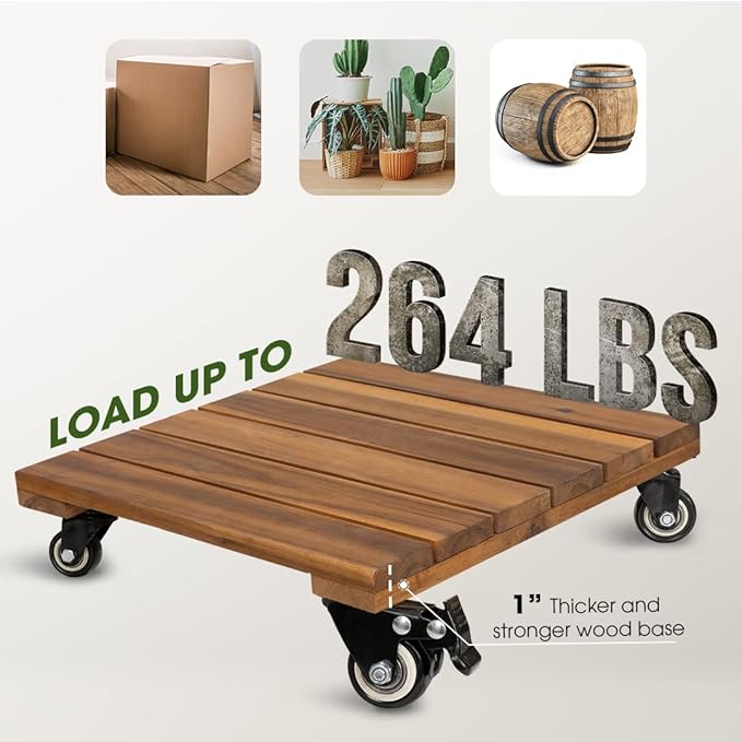 Idzo 2-Pack 14 Inch Wood Plant Caddy with Wheels Heavy Duty, 264 lbs Acacia Hardwood Plant Caster Dolly Rolling Stand with 360° Lockable Wheels for Heavy Plant Pots and Outdoor Use
