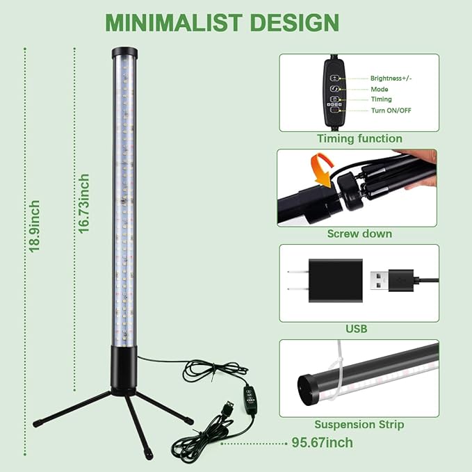 T10 Vertical Grow Light, 6000K Full Spectrum Desktop Plant Light 18.9",Hung or Stood, with 3 Modes & 5 Dimming Levels, Suitable Small & Medium Plants Indoors, Auto On Off Timing 4/8/12/18Hrs (1)