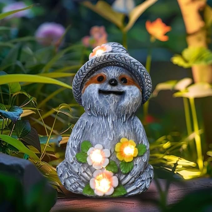 Solar Garden Outdoor Statues Adorable Sloth Figurine Lights with 4 LEDs, Ideal Garden Decor for Lawn, Patio, Balcony and Yard. Exquisite Lawn Ornament and Unique Gifts for Mom and Grandma