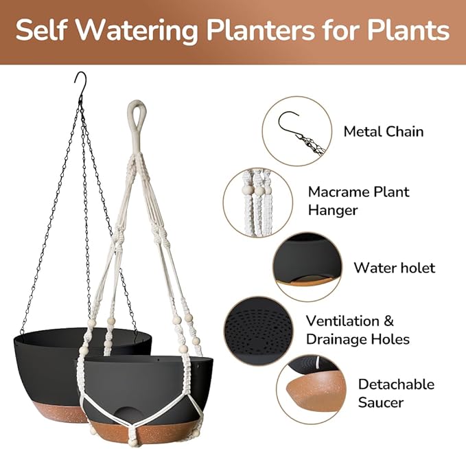 12 Inch Hanging Baskets for Plants Outdoor, Hanging Planters for Indoor Outdoor Plants, Hanging Planter with Self Watering, Hanging Flower Pots (Black Planter with Macrame + Iron Hangers)