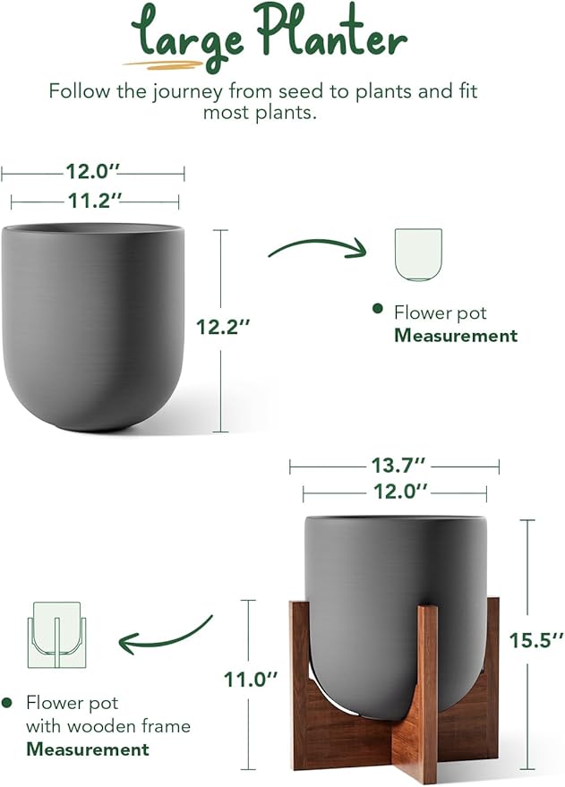 LE TAUCI 12 Inch Pots for Plants with Acacia Wood Stand, Ceramic Large Planters for Indoor Plants, Indoor Plant Pots for Office Living Room, Pots for Plants with Drainage Hole and Plug, Charcoal Gray
