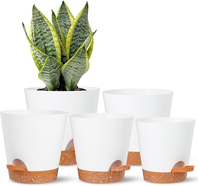 Plant Pots Outdoor Self Watering Pots, Flower Pots with Drainage Hole and Reservoir White Plastic Planters for Indoor Plants Home Decorations Gift Idea 5Pack