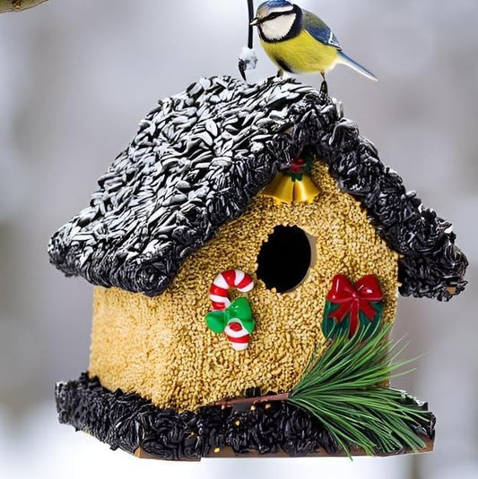 Edible Bird House for Ouside, Birdseed Birdhouse for Outdoor, Wood Bird Houses Covered with Wild Birdseeds, Squirrel Proof Bird Feeders for Outside Hanging, Pole Mountable