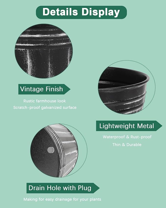 vensovo 4 Inches Black Metal Rustic Flower Pots - 6 Pcs Small Galvanized Planters with Drainage Hole and Rubber Plug, Rustproof Tin Bucket Plant Pot Farmhouse Vintage Style for Decor