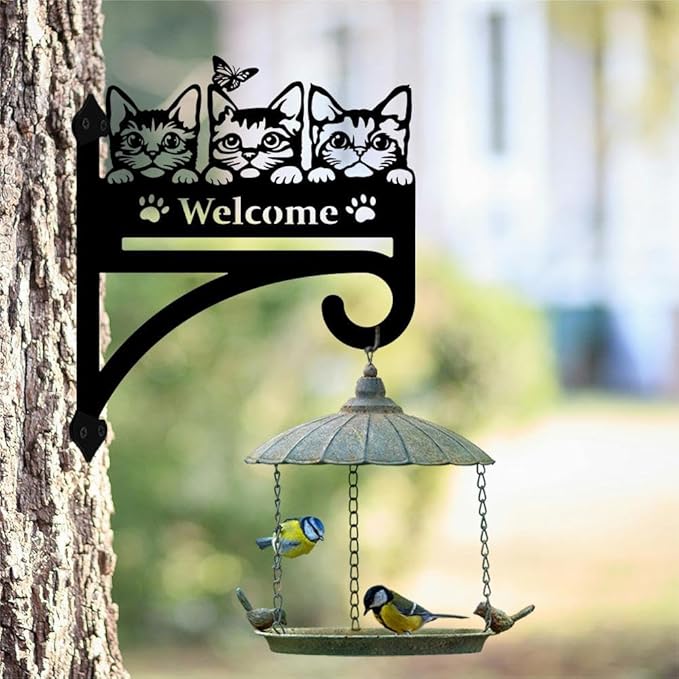 peacoblue Iron Plant Hangers Hooks Cat with Welcome for Outdoor Indoor Hanging Plants Flower Fern Pots Lantern Bird Feeder, 12"x15" Weather Resistant Metal Wall Holder for Porch Garden Farmhouse