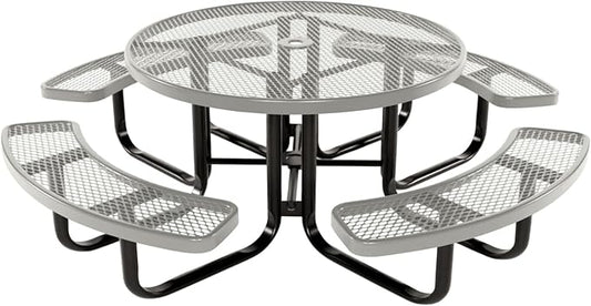 Heavy-Duty Portable Outdoor Kids Table with Umbrella Hole, Expanded Metal Kids Picnic Table, Commercial-Grade, Made in America (46 in, Round, Childrens, Textured Grey)