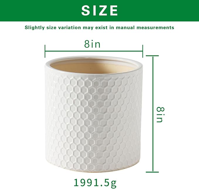 Docrin Ceramic Planters Indoor: 8 Inch Plant Pot with Drainage Holes for Home/Office - White Honeycomb