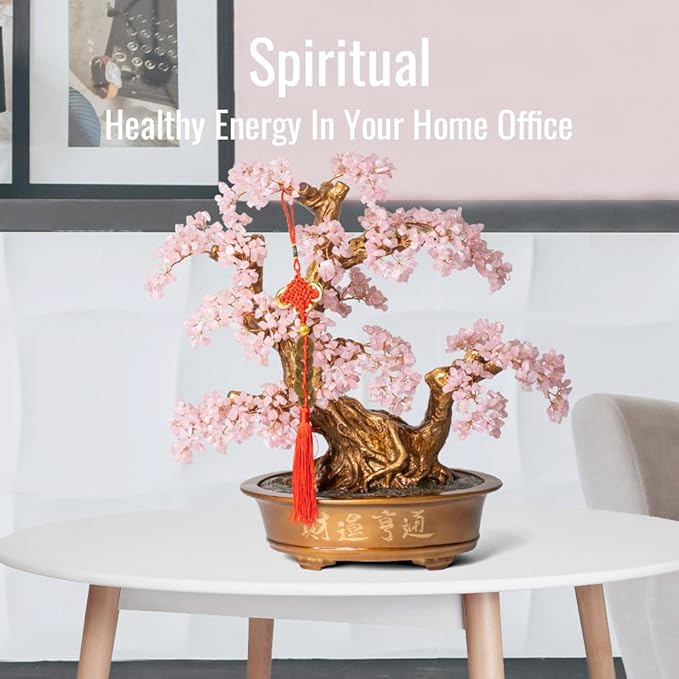 Natural Rose Quartz Gemstone Crystal Bonsai Tree of Life（1,350 Gemstone Count） Large Feng Shui Money Chakra Tree for Luck and Wealth Decoration 20 Inches