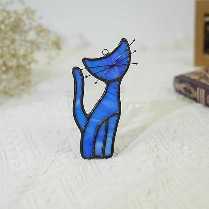 Cat Decor Stained Glass Window Hangings,Blue Cat Suncatcher for Window Cat Ornament Home Decor,Cat Themed Gifts for Women Cat Lovers Gifts,Great for Livingroom Bedroom