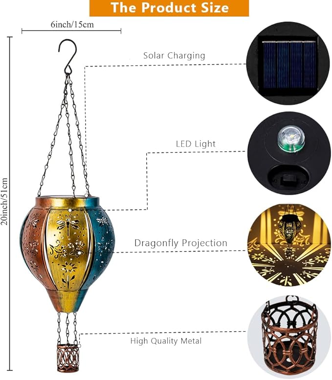 Starsoul Hot Air Balloon Solar Lantern with Dragonfly Projection Metal Outdoor Waterproof Hanging Hot Air Balloon Solar Lights for Garden Yard Patio Decor