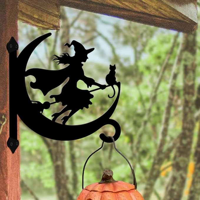 peacoblue Iron Plant Hangers Hooks for Outdoor Indoor Hanging Plants Flower Fern Pots Lantern Bird Feeder,11.6"x13.6" Weather Resistant Metal Wall Holder for Porch Garden Farmhouse(Witch and Cat)