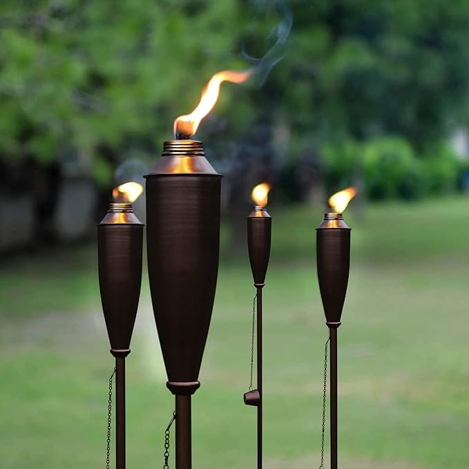 Garden Torches for Outside -Deco Home Pack of 4 Metal Garden Torches Citronella Oil for Outdoor Ambiance - Decorative and Functional Citronella Torches for Patio, Lawn, and Backyard- Bronze