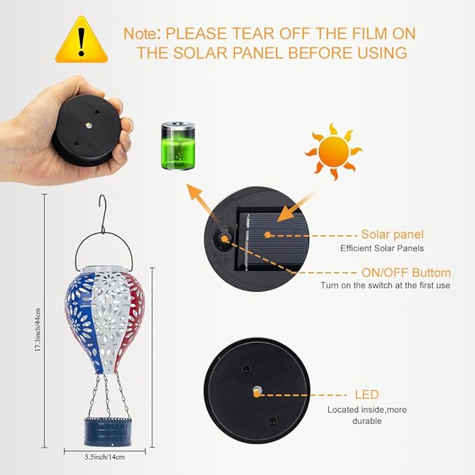Solar Hot Air Balloon Lantern,Hanging Lantern Outdoor Waterproof Decorative Metal LED Solar Lights for Trees Patio Garden Yard Porch Decor, Flag