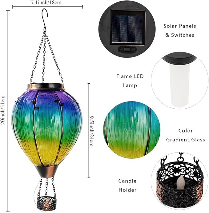 DREAMSOUL Large Hot Air Balloon Solar Lantern with Candle Holder, Hanging Solar Hot Air Balloon Lantern with Flame for Garden Yard Tree Decor