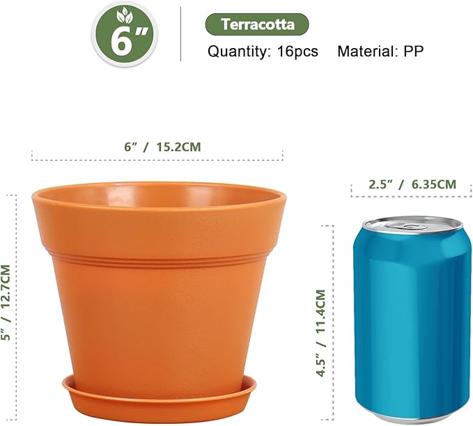 6 inch Small Plastic Nursery Pots, Seedling Pots, 16 Pack Plant Pots for Indoor Outdoor Plants, Flower Pots with Drainage Holes and Saucers, Decorative Planters for House Plants, Terracotta