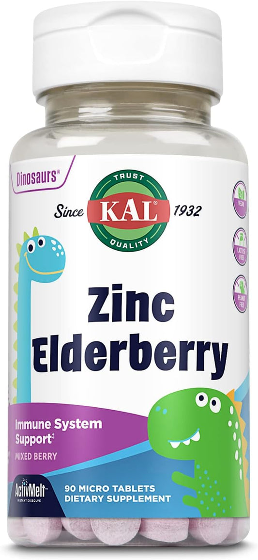 KAL Kids Zinc Elderberry Dinosaurs, Immune 90 Servings, 90 Micro
