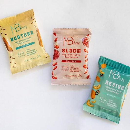 Happy Hormone Bars l Protein Cycle Syncing Bars with Organic Ginger l Promotes Hormone Balance l Supports Fertility, Egg Quality, PMS & Sperm Health (28 pack, Cycle Sync Stack (5 chai spice, 9 cherry berry, 14 nutty cacao))