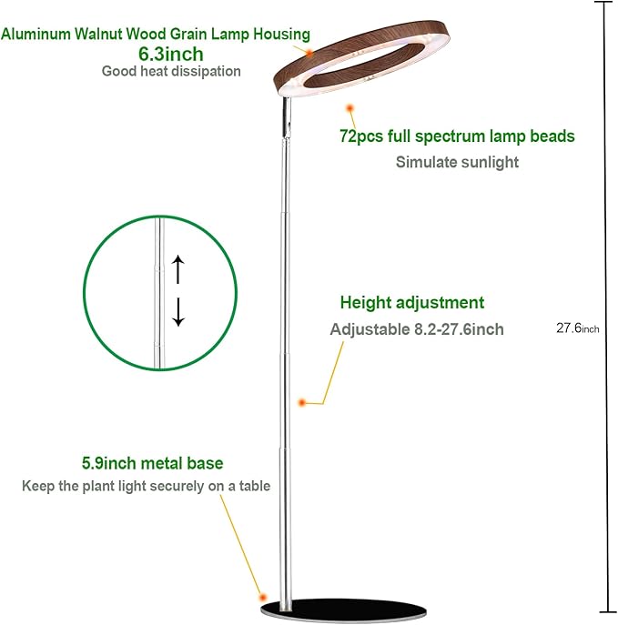yadoker 144 LEDs Plant Grow Light for Indoor Plant,Aluminum Walnut Wood Grain Desk LED Grow Light, Height Adjustable,6.3" Aluminum Housing,Automatic Timer with 8/12/16 Hours,10-Level Brightnes