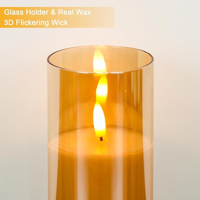 Rechargeable Candles Flickering with Remote, Rechargeable Flameless Candles with Timer, LED Candles Battery Operated with 3D Wick and Charging Cable for Valentine's Day Home Decor(Gold)