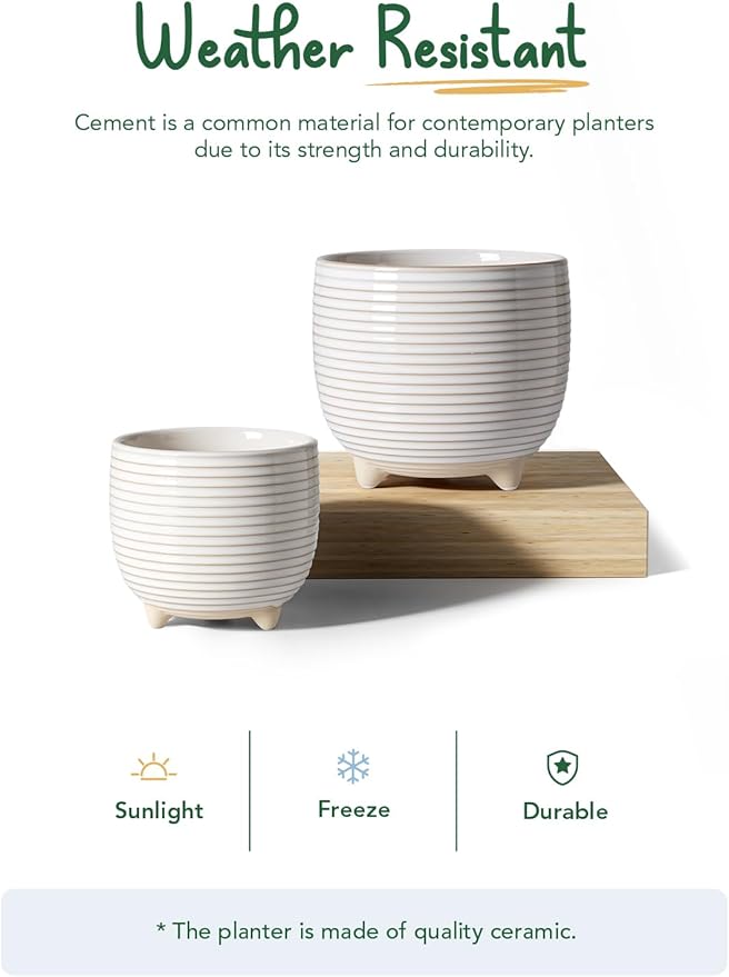 LE TAUCI Ceramic Plant Pots, 5.1 + 6.4 Inch Footed Pots for Plants, Modern Flower Pots for Home and Office, Indoor Planters with Drainage, Reactive Glaze White