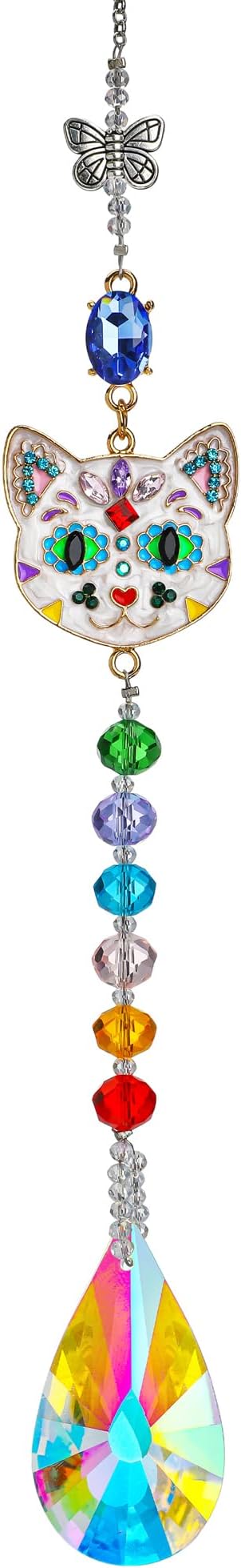 Crystal Rhinestones Suncatcher Cat Face Shaped with Butterfly Window Hang Pendant, Rainbow Crystal Colorful Prisms Ornament Gift Christmas Tree Decoration