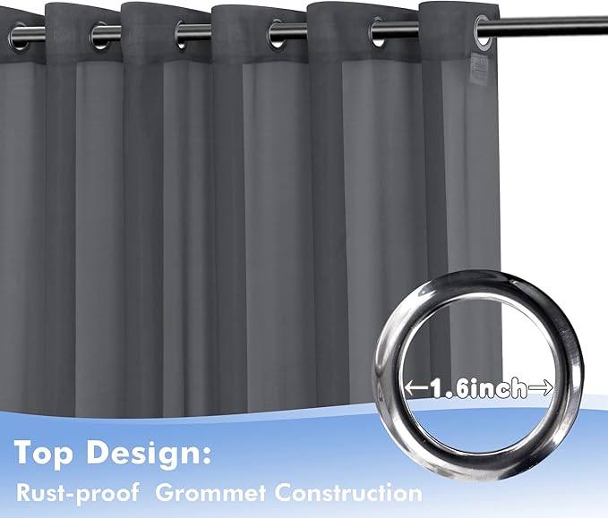 HolidayIdeas Outdoor Sheer Curtains for Patio Waterproof, 2 Panels - 54 x 120 Inch - Grey Light Filtering Voile Outside Curtains Grommet Drapes for Front Porch, Gazebo, Pergola, Backyard