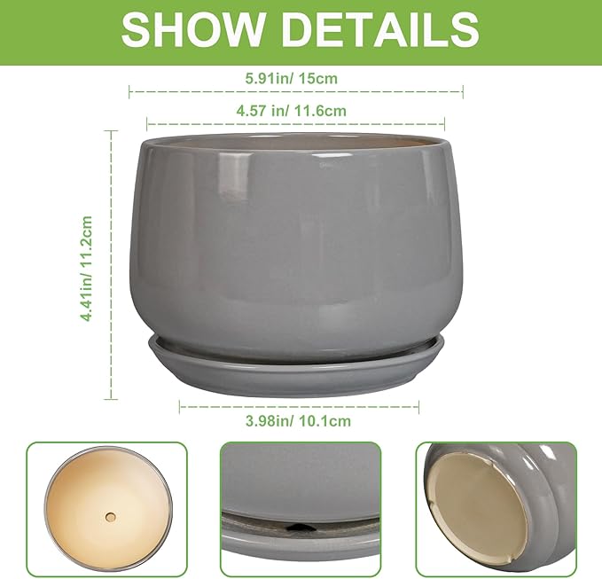 G EPGardening Ceramic Pot for Plants - Modern 6 Inch Round Planter Indoor with Drainage and Tray for Indoor Outdoor Flower, Patio Decor, Teacher Gifts, Grey