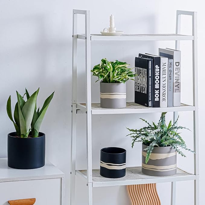 Nihow Modern Ceramic Plant Pot - 5 + 7 Inch Flower Pot for All Indoor Plants - Sturdy Planter Pots with Drainage Hole & Rubber Plugs - Semi-Matte Gray & Nature - Plants Not Included