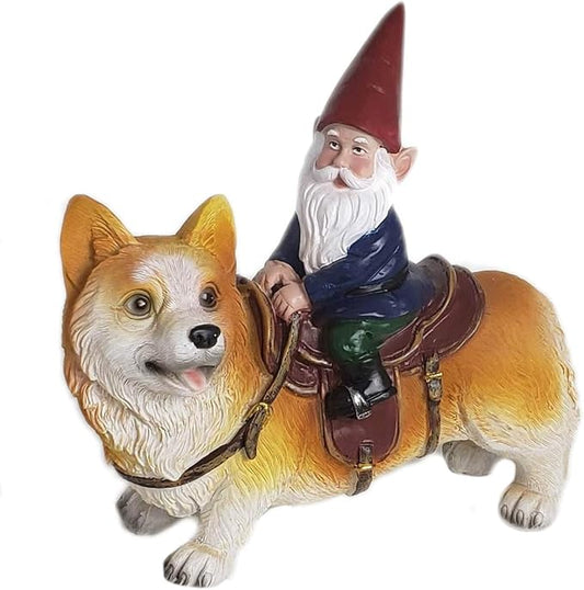 Funny Guy Mugs Garden Gnome Statue - Gnome Riding a Corgi - Indoor/Outdoor Garden Gnome Sculpture for Patio, Yard or Lawn