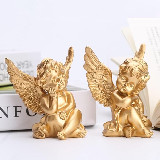 orenm 2 Pack Resin Cherubs Gold Angel Statue Figurine, Garden Sleeping Cherub Statue Sculpture Indoor Outdoor Home Decoration, Cute Adorable Angle Sculpture Memorial Statue(4" Height) (Gold)
