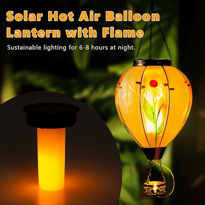 Starsoul Large Solar Hot Air Balloon Lantern with Flame Sunflower Glass Hanging Outdoor Hot Air Balloon Solar Light Waterproof Garden Patio Yard Party Decorations
