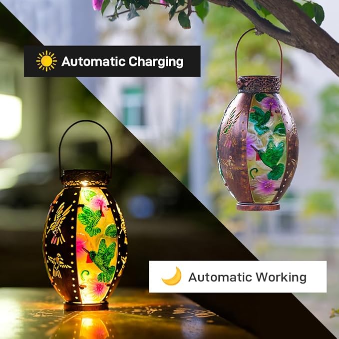 Starsoul Hummingbird Solar Lantern Stained Glass & Metal Outdoor Lantern Waterproof Hummingbird Hanging Metal Decorative Lights for Patio Table Garden Pathway Yard