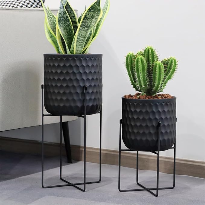 TRIROCKS Set of 2 Planters with Stand Indoor Outdoor Metal Plant Stand 8 * 18 &7 * 12 "Modern Planters Flower Pots for Living Room Corner Kitchen Office Garden Balcony Patio Decor(Black)
