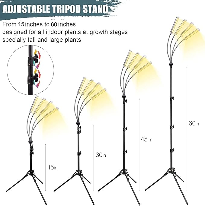 LED Grow Lights for Indoor Plants, 420 LEDs Full Spectrum Plant Lights for Indoor Growing with 15-63 inches Adjustable Tripod Stand, 4 Heads Floor Grow Lamp with 3/6/12H Auto On/Off Timer Function