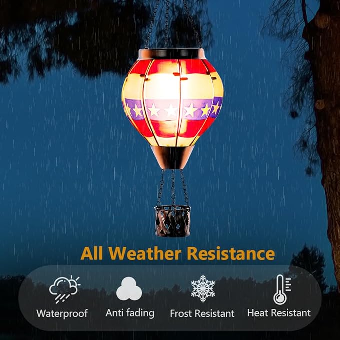 DREAMSOUL Flag Hot Air Balloon Solar Lantern, Glass Solar Lantern with Flickering Flame, Hanging Waterproof Solar Lanterns Outdoor Flag Day for Patio Decor, Fourth of July Decorations Christmas Gifts