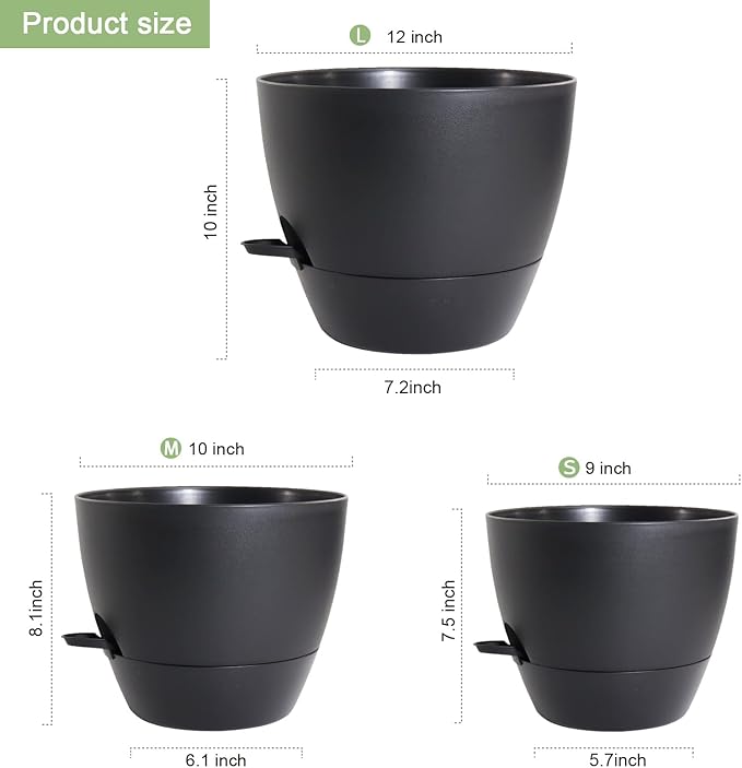 12/10/9 inch Large Self Watering Pots, Planter, Plant Pots with Mesh Drainage Holes for Indoor Outdoor Garden Plants, Plastic Flower Pots with Removable Deep Reservoir, Black